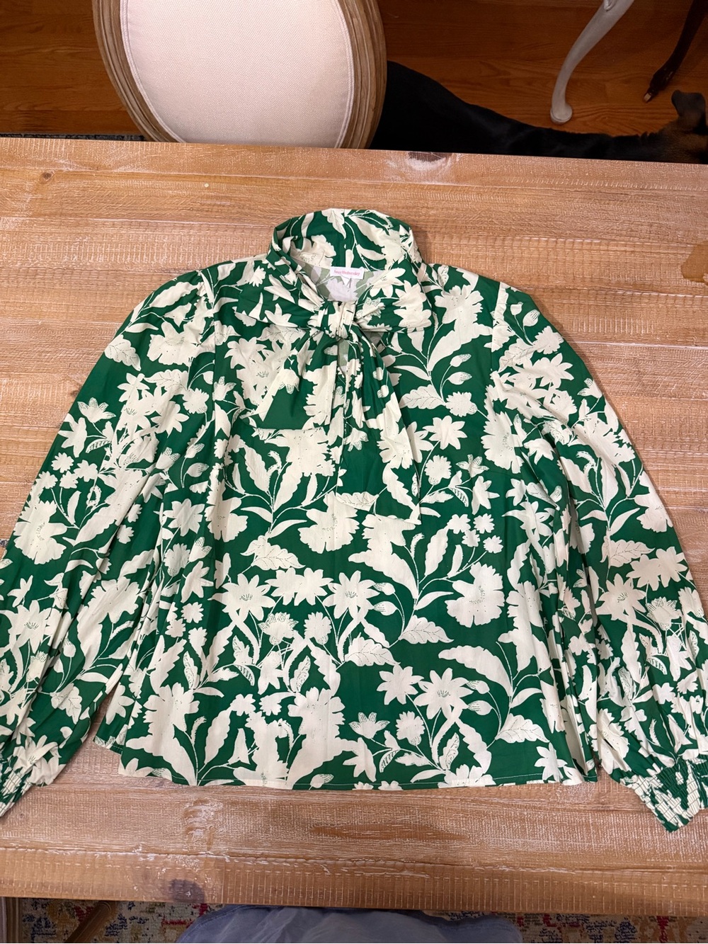 Women's Green and Cream Floral Tie-Neck Blouse